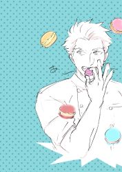 Rule 34 | 1boy, absurdres, blue background, chef, food, gindoro, highres, looking to the side, macaron, male focus, original, patissier (gindoro), polka dot, polka dot background, simple background, sleeves rolled up, solo, upper body