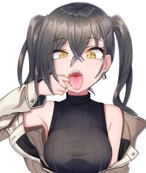 Rule 34 | 1girl, absurdres, artist request, bare shoulders, black hair, breasts, brown jacket, crossed bangs, earrings, eyes visible through hair, hair between eyes, highres, idolmaster, idolmaster cinderella girls, jacket, jewelry, large breasts, long hair, mole, mole under eye, mouth pull, off shoulder, open mouth, oral invitation, ribbed sweater, sharp teeth, simple background, solo, sunazuka akira, sweater, teeth, tongue, tongue out, turtleneck, twintails, upper body, white background, yellow eyes