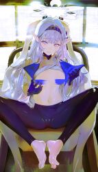 Rule 34 | 1girl, absurdres, barefoot, black gloves, black hairband, blue archive, blush, breasts, censored, dorsiflexion, feet, flower, g141, gloves, grey hair, hair flower, hair ornament, hairband, halo, highres, himari (blue archive), long hair, long sleeves, looking at viewer, medium breasts, mole, mole under eye, monitor, open clothes, parted lips, pointy ears, powered wheelchair, sitting, solo, spread legs, very long hair, wheelchair, white flower