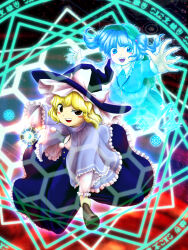 Rule 34 | 2girls, blonde hair, blue capelet, blue dress, blue eyes, blue hair, blue headwear, blue shirt, blush stickers, bow, broom, broom riding, capelet, dress, frilled capelet, frilled dress, frilled shirt collar, frills, full body, green headwear, hat, hat bow, highres, holding, hologram, kawashiro nitori, key, kirisame marisa, long sleeves, looking at viewer, magic, magic circle, medium hair, mini-hakkero, multiple girls, official style, open mouth, parasite oyatsu, pom pom (clothes), shirt, smile, subterranean animism, touhou, two side up, white bow, witch, witch hat, yellow eyes, zun (style)