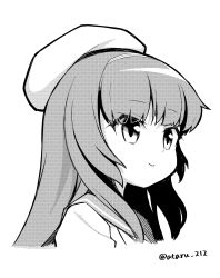 Rule 34 | 1girl, ataru (ataru-littlebird), commentary request, greyscale, hat, highres, kantai collection, long hair, looking to the side, matsuwa (kancolle), monochrome, one-hour drawing challenge, sailor collar, sailor hat, school uniform, serafuku, smile, solo, twitter username, upper body