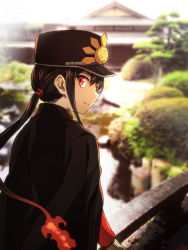Rule 34 | 1boy, black cloak, black hair, black hat, blurry, blurry background, building, cloak, closed mouth, day, depth of field, family crest, fate/grand order, fate (series), fiery hair, from behind, gloves, grey gloves, hair between eyes, hat, highres, jacket, long hair, long sleeves, looking at viewer, looking back, low ponytail, male focus, oda nobukatsu (fate), oda uri, outdoors, peaked cap, ponytail, railing, red eyes, red jacket, sidelocks, smile, solo, tachitsu teto, tree, very long hair