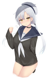 Rule 34 | 1girl, bad id, bad twitter id, black choker, black dress, breasts, choker, cropped legs, dress, frown, grey hair, hand up, hat, long hair, long sleeves, looking at viewer, neckerchief, original, reinama, sailor collar, sailor dress, sailor hat, simple background, solo, thighs, white background, white hat, yellow eyes