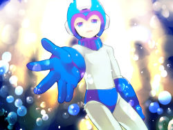 Rule 34 | 1boy, bad id, bad pixiv id, blue eyes, bubble, capcom, light, male focus, outstretched arm, outstretched hand, reaching, mega man (series), mega man (character), mega man (classic), smile, solo, underwater, zakki
