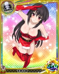Rule 34 | 10s, 1girl, artist request, bare shoulders, black hair, blush, boots, breasts, card (medium), character name, chess piece, cleavage, copyright name, cross-laced footwear, female focus, gloves, high school dxd, lace-up boots, large breasts, long hair, looking at viewer, official art, pawn (chess), purple eyes, raynare, red footwear, red gloves, red thighhighs, santa costume, smile, solo, thigh boots, thighhighs, torn clothes, trading card