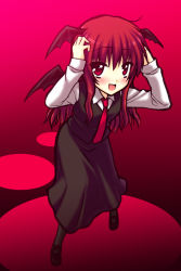 Rule 34 | 1girl, female focus, flat chest, head wings, koakuma, long hair, necktie, open mouth, pantyhose, red background, red eyes, red hair, red theme, saki chisuzu, solo, embodiment of scarlet devil, touhou, wings