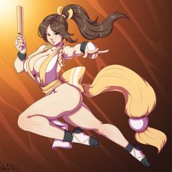 Rule 34 | 1girl, absurdres, alternate color, artist name, ass, bare shoulders, black socks, breasts, brown background, brown eyes, brown hair, cleavage, collarbone, fatal fury, full body, gradient background, hair ornament, highres, japanese clothes, large breasts, leg up, legs, long hair, looking at viewer, matching hair/eyes, parted lips, ponytail, shiranui mai, sleeveless, socks, solo, soul addicted, the king of fighters