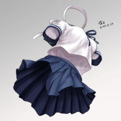 Rule 34 | artist name, blue sailor collar, blue skirt, commentary request, dated, from below, grey background, hachimaki, headband, highres, invisible, kantai collection, no humans, pleated skirt, sailor collar, sailor shirt, school uniform, serafuku, shirt, short sleeves, signature, simple background, skirt, solo, tk8d32, ushio (kancolle), ushio kai ni (kancolle), white headband, white shirt