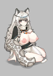 Rule 34 | 1girl, absurdres, animal ear fluff, animal ears, arknights, black capelet, braid, breasts, breasts out, bright pupils, capelet, dress, grey background, grey eyes, grey hair, hand on own chest, highres, huge breasts, jewelry, leopard ears, leopard girl, leopard tail, long hair, looking at viewer, necklace, nipples, pramanix (arknights), side braids, simple background, sitting, solo, tail, tiara, turtleneck, very long hair, white dress, white pupils, zommeva