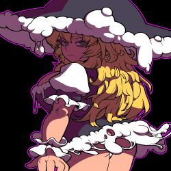 Rule 34 | 1girl, ass, bags under eyes, black background, black dress, black hat, blonde hair, breasts, closed mouth, commentary request, cookie (touhou), cowboy shot, dress, expressionless, from behind, hat, highres, kirisame marisa, large breasts, long hair, looking at viewer, looking back, mars (cookie), messy hair, outline, panties, pink outline, ringed eyes, shirt, short dress, simple background, sleeveless, sleeveless dress, solo, tonchamon san, touhou, underwear, very long hair, white panties, white shirt, witch hat, wrist cuffs, yellow eyes