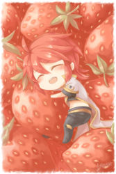 Rule 34 | 00s, 1boy, chibi, closed eyes, food, fruit, luke fon fabre, male focus, midriff, red hair, red theme, solo, strawberry, tales of (series), tales of the abyss, urin (myleisure), yulit