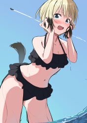 2girls 8sjqzhap4pupzkc absurdres animal_ears bikini black_bikini blonde_hair blue_sky blush collarbone dog_tail erica_hartmann flying highres looking_at_viewer multiple_girls open_mouth short_hair sky standing standing_on_liquid strike_witches swimsuit tail water world_witches_series