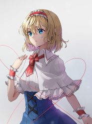 Rule 34 | 1girl, alice margatroid, blonde hair, blue dress, blue eyes, dress, expressionless, hair ornament, hairband, nail polish, necktie, red hairband, red nails, red necktie, shironeko yuuki, short sleeves, solo, touhou, two-tone dress, white background, white dress