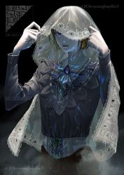 Rule 34 | 1girl, black background, blue eyes, blue gemstone, brown hair, chain, character request, closed mouth, collar, collared shirt, copyright request, fog, gem, highres, jewelry, long sleeves, looking at viewer, one eye covered, pale skin, see-through, shirt, short hair, simple background, solo, tagme, unknown (jckvuzuqjnpdie3), veil, veil lift