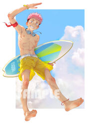 Rule 34 | 1boy, abs, anklet, arm ribbon, barefoot, beitemian, blue background, border, cloud, full body, goggles, goggles around neck, itadori yuuji, jewelry, jujutsu kaisen, looking at viewer, male focus, navel, nipples, pink hair, red ribbon, ribbon, salute, sample watermark, shorts, sky, smile, solo, surfboard, teeth, topless male, undercut, watermark, white border, yellow shorts