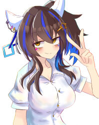 Rule 34 | 1girl, alternate costume, animal ears, blue hair, blush, breasts, brown hair, closed mouth, collared shirt, colored inner hair, commentary request, daitaku helios (umamusume), ear covers, ear piercing, facial tattoo, hair ornament, hairclip, highres, horse ears, horse girl, horse tail, irutann, medium breasts, medium hair, multicolored hair, piercing, puffy short sleeves, puffy sleeves, shirt, short sleeves, side ponytail, simple background, smile, solo, streaked hair, tail, tattoo, umamusume, upper body, w, white background, white shirt, yellow eyes