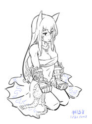 Rule 34 | 1girl, 2013, :&lt;, bare shoulders, blush, breasts, cleavage, dated, dress, gauntlets, jewelry, junkpuyo, kataasa-ko, large breasts, lineart, long hair, monochrome, necklace, pearl necklace, ragnarok online, seiza, sura (ragnarok online), sitting, sketch, solo, strapless, strapless dress, sweatdrop