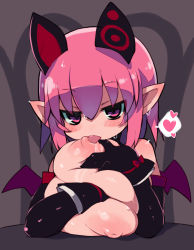 Rule 34 | 1girl, blush, blush stickers, breast press, breasts, breasts squeezed together, collar, deathlock-san, demon girl, demon wings, elbow gloves, gloves, grey background, hair between eyes, hair ornament, heart, highres, huge breasts, large areolae, licking, licking nipple, nipple stimulation, nipples, pink eyes, pink hair, pointy ears, red ribbon, ribbon, sidelocks, solo, spoken heart, sweat, wings, zankuro