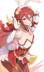Rule 34 | 1girl, absurdres, animal ears, blush, breasts, cleavage, collarbone, cordelia (fire emblem), cordelia (spring) (fire emblem), cowboy shot, fake animal ears, fake tail, fire emblem, fire emblem awakening, fire emblem heroes, flower, gloves, gonzarez, hair flower, hair ornament, hands up, highres, jewelry, leotard, long hair, looking at viewer, medium breasts, necklace, nintendo, pantyhose, playboy bunny, puffy short sleeves, puffy sleeves, rabbit ears, rabbit tail, red eyes, red hair, red leotard, red pantyhose, scarf, short sleeves, simple background, smile, solo, strapless, strapless leotard, tail, very long hair, white background, white gloves, wrist cuffs, yellow scarf