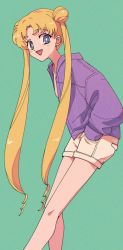Rule 34 | 1girl, absurdres, bishoujo senshi sailor moon, blonde hair, blue eyes, double bun, feet out of frame, film grain, green background, hair bun, hands in pockets, highres, jacket, long hair, looking at viewer, nzeneee, official alternate costume, purple jacket, shorts, simple background, smile, solo, tsukino usagi, yellow shorts