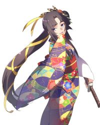 Rule 34 | 1girl, :d, alternate costume, black hair, blue eyes, echo (circa), fate/grand order, fate (series), floating hair, from side, hair ribbon, holding, holding sheath, japanese clothes, kimono, long hair, looking at viewer, obi, open mouth, print kimono, ribbon, sash, sheath, sheathed, side ponytail, simple background, smile, solo, standing, ushiwakamaru (fate), ushiwakamaru (formal dress) (fate), very long hair, white background, yellow ribbon, yukata