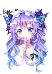 Rule 34 | 1girl, absurdres, azur lane, bare shoulders, blue hair, blush, breasts, butterfly hair ornament, cleavage, closed mouth, collarbone, commentary request, cropped torso, dress, gradient hair, gyaza, hair between eyes, hair in own mouth, hair ornament, heart, heart-shaped pupils, highres, long hair, medium breasts, multicolored hair, purple eyes, purple hair, signature, simple background, sleeveless, sleeveless dress, solo, symbol-shaped pupils, unicorn (azur lane), upper body, white background, white dress