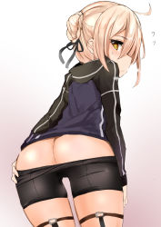 Rule 34 | 1girl, ahoge, artoria pendragon (all), artoria pendragon (fate), ass, bike shorts, bike shorts pull, black ribbon, blonde hair, braid, butt crack, closed mouth, cowboy shot, fate/grand order, fate (series), flying sweatdrops, from behind, gradient background, grey background, hair bun, hair ribbon, highres, hood, hoodie, looking at viewer, looking back, muoto, mysterious heroine x alter (fate), mysterious heroine x alter (second ascension) (fate), ribbon, saber (fate), sidelocks, single hair bun, solo, sweatdrop, thighs, yellow eyes
