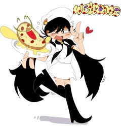 Rule 34 | &gt; o, 1girl, absurdres, black eyes, black footwear, black hair, black neckerchief, black sleeves, blush stickers, boots, borrowed design, cheese, chef hat, commentary, english commentary, fewer digits, flying sweatdrops, food, full body, genderswap, genderswap (mtf), hat, heart, highres, holding, holding food, holding pizza, holding plate, kayak-777, long hair, long mustache, looking at viewer, mustache, neckerchief, nervous sweating, one eye closed, open mouth, peppina ramen, peppino spaghetti, pizza, pizza hair ornament, pizza tower, pizzaface, plate, puffy short sleeves, puffy sleeves, shirt, short sleeves, simple background, smile, solo, standing, sweat, thigh boots, twintails, v, very long hair, white background, white shirt