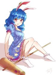 Rule 34 | 1girl, ambiguous red liquid, animal ears, arm support, blue dress, blue hair, chagura, collarbone, crescent, dress, earclip, kine, mallet, puffy short sleeves, puffy sleeves, rabbit ears, red eyes, seiran (touhou), short sleeves, sitting, socks, solo, star (symbol), star print, tears, touhou, white background, white socks
