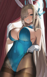 Rule 34 | 1girl, absurdres, animal ears, asuna (blue archive), asuna (bunny) (blue archive), asymmetrical bangs, blue archive, blue bow, blue bowtie, blue eyes, blue halo, blue leotard, blush, bow, bowtie, breasts, cleavage, commentary, covered navel, detached collar, emma 0215, fake animal ears, gloves, hair over one eye, halo, heavy breathing, highleg, highleg leotard, highres, large breasts, leotard, light brown hair, long hair, looking at viewer, official alternate costume, pantyhose, playboy bunny, rabbit ears, red curtains, smile, solo, strapless, strapless leotard, sweat, tally, teeth, thighband pantyhose, traditional bowtie, very long hair, white gloves