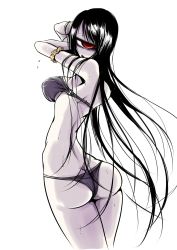 Rule 34 | 1girl, ass, back, bikini, black hair, butt crack, cyclops, female focus, from behind, highres, long hair, looking back, monster girl, one-eyed, original, red eyes, sangyou haikibutsu (turnamoonright), simple background, solo, swimsuit, white background