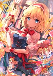Rule 34 | 1girl, alice margatroid, apron, bad id, bad pixiv id, blonde hair, blue dress, blue eyes, blush, bow, bowtie, breasts, capelet, carrying, closed eyes, curly hair, dress, flower, frilled capelet, frilled dress, frills, hair between eyes, hair bow, hairband, hand up, highres, holding, holding scissors, holding watering can, lolita hairband, long hair, medium breasts, medium hair, open mouth, red bow, red hairband, scissors, shanghai doll, shangurira, smile, solo, touhou, waist apron, watering, watering can, white apron, white capelet