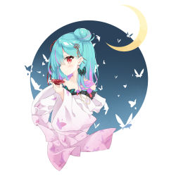 Rule 34 | 1girl, absurdres, blush, bug, butterfly, collarbone, crescent moon, cup, earrings, hair bun, highres, hololive, insect, japanese clothes, jewelry, kimono, looking at viewer, looking to the side, lr (last remote 514), medium hair, moon, multicolored hair, red eyes, sakazuki, single hair bun, single side bun, smile, solo, uruha rushia, uruha rushia (new year), virtual youtuber