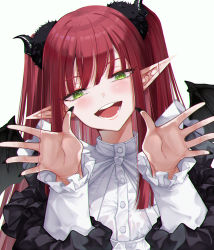 Rule 34 | 1girl, arms up, black horns, black nails, black wings, blunt bangs, blush, collared shirt, commentary, cosplay, demon girl, demon horns, demon wings, fake horns, fake nails, fake wings, frilled shirt, frills, green eyes, highres, horns, inkspirate, kitagawa marin, long hair, long pointy ears, long sleeves, looking at viewer, nail polish, open mouth, pointy ears, puffy sleeves, red hair, rizu-kyun, rizu-kyun (cosplay), shirt, sidelocks, simple background, smile, solo, sono bisque doll wa koi wo suru, two side up, white background, white shirt, wings
