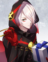 Rule 34 | 1boy, black coat, box, coat, colored skin, eyeshadow, fate/grand order, fate (series), gift, gift box, gift wrapping, gloves, green eyes, hair over one eye, highres, holding, holding gift, hood, hood up, karna (fate), karna (santa) (fate), looking to the side, makeup, male focus, red gloves, ryofuhiko, short hair, solo, tsurime, upper body, white hair, white skin