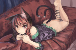 Rule 34 | 1girl, 463 jun, alternate hairstyle, animal ears, ass, barefoot, bed, bottomless, cat ears, cat tail, couch, dress, hair down, kaenbyou rin, long hair, lying, multiple tails, nekomata, off shoulder, on stomach, red eyes, red hair, ribbon, smile, solo, tail, touhou