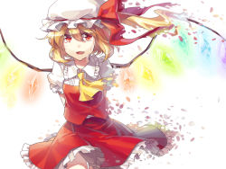 Rule 34 | 1girl, arms behind back, ascot, blonde hair, bow, dissolving, fang, female focus, flandre scarlet, glowing, glowing wings, hat, light smile, open mouth, red eyes, rella, short hair, side ponytail, skirt, skirt set, solo, tears, embodiment of scarlet devil, touhou, wings