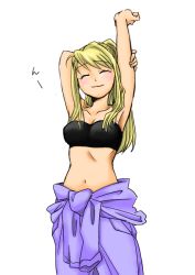 Rule 34 | 1girl, armpits, arms up, aumitohi, bandeau, bare arms, black bandeau, black tube top, blonde hair, blush, breasts, cleavage, clenched hand, closed eyes, closed mouth, collarbone, female focus, fullmetal alchemist, long hair, medium breasts, midriff, navel, neck, ponytail, simple background, smile, solo, standing, strapless, stretching, tube top, white background, winry rockbell