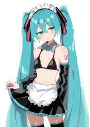 Rule 34 | 1girl, apron, aqua eyes, aqua hair, black thighhighs, bra, breasts, commentary, detached collar, detached sleeves, hair between eyes, hatsune miku, highres, long hair, maid apron, maid headdress, maud0239, navel, simple background, small breasts, thighhighs, twintails, underwear, very long hair, vocaloid, white background, zettai ryouiki