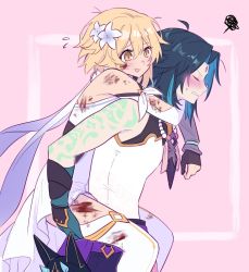 Rule 34 | 1boy, 1girl, arm tattoo, bad id, bad twitter id, bead necklace, beads, black hair, blonde hair, blood, blood on clothes, blood on face, blue hair, blush, boots, carrying, closed eyes, detached sleeves, dress, facial mark, flower, forehead mark, genshin impact, hair between eyes, hair flower, hair ornament, hetero, injury, jewelry, lumine (genshin impact), mao (expuella), multicolored hair, necklace, parted lips, piggyback, pink background, simple background, squiggle, sweat, tattoo, thigh boots, thighhighs, white dress, white flower, white footwear, xiao (genshin impact), yellow eyes