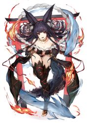 Rule 34 | 1girl, animal ears, bare shoulders, barefoot, black hair, black panties, breasts, brown eyes, cleavage, collarbone, creature, dual wielding, fang, fire, granblue fantasy, highres, holding, holding sword, holding weapon, jewelry, katana, large breasts, leaning forward, long hair, looking at viewer, magic, necklace, open mouth, panties, reverse grip, simple background, solo, standing, standing on one leg, sword, tail, thighhighs, torii, underwear, watao, water, weapon, white background, yuel (granblue fantasy)