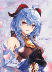 Rule 34 | 1girl, ahoge, bare shoulders, bell, black gloves, blue hair, blush, bow, breasts, detached sleeves, ganyu (genshin impact), genshin impact, gloves, gold trim, highres, horns, ichi10art, long hair, looking at viewer, medium breasts, neck bell, own hands clasped, own hands together, parted lips, petals, purple eyes, sidelocks, smile, solo, upper body, white sleeves