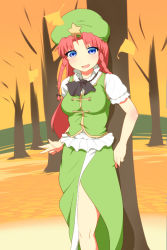 Rule 34 | 1girl, :d, against tree, autumn leaves, blue eyes, blush, braid, female focus, hat, hong meiling, kobii, long hair, looking at viewer, open mouth, red hair, smile, solo, star (symbol), touhou, tree, twin braids, v