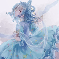 Rule 34 | 1girl, :|, aqua dress, blue eyes, blue hair, closed mouth, commentary request, dated, dress, expressionless, fingernails, floral print, frilled dress, frilled sleeves, frills, hagoromo, hair between eyes, hair ornament, hair rings, hair stick, kaku seiga, lips, looking at viewer, looking back, m (neteitai10), medium hair, petticoat, puffy short sleeves, puffy sleeves, shawl, short sleeves, sidelocks, signature, simple background, solo, standing, touhou, vest, white background, white vest