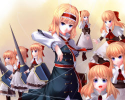Rule 34 | 1girl, alice margatroid, blonde hair, blue eyes, book, bow, capelet, clere, doll, female focus, gradient background, hair bow, hairband, lance, long hair, polearm, shanghai doll, shield, short hair, solo, string, touhou, weapon
