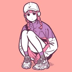 Rule 34 | 1girl, black eyes, braid, coat, flat color, hat, highres, knees up, long hair, long sleeves, miyoshi yoshimi, multicolored coat, original, pink background, pink theme, shoes, simple background, sleeves past fingers, sleeves past wrists, solo, squatting, twin braids, white footwear, white hat