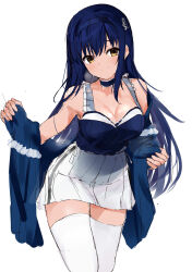 Rule 34 | 1girl, absurdres, adapted costume, bare shoulders, black choker, black hairband, black shirt, blue capelet, blue hair, blush, bone hair ornament, breasts, capelet, choker, cleavage, closed mouth, cowboy shot, curvy, eyelashes, eyes visible through hair, frilled capelet, frilled choker, frills, hair between eyes, hair ornament, hairband, head tilt, highres, holding, holding clothes, kushima kamome, large breasts, long hair, looking at viewer, miniskirt, off shoulder, pleated skirt, shiny skin, shirt, sidelocks, simple background, skirt, skull and crossbones, skull hair ornament, sleeveless, sleeveless shirt, smile, solo, standing, straight hair, summer pockets, sweat, thighhighs, very long hair, white background, white skirt, white thighhighs, yellow eyes, zenoo, zettai ryouiki