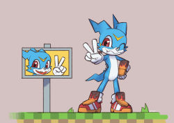 Rule 34 | absurdres, digimon, gloves, highres, one eye closed, parody, shoes, sign, sonic (series), style parody, v, v-mon, wink