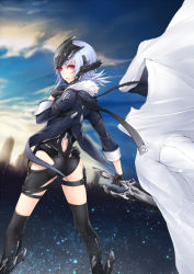 Rule 34 | 1girl, albino, ass, black gloves, black thighhighs, female focus, gloves, holding, holding sword, holding weapon, kyoeiki, long sleeves, looking at viewer, original, red eyes, solo, sword, thighhighs, weapon, white hair
