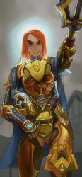 Rule 34 | 1girl, absurdres, armor, blue cape, boobplate, breastplate, cape, commission, copyright request, crooked teeth, gauntlets, gluteal fold, greaves, green eyes, unworn headwear, helmet, unworn helmet, highres, holding, holding weapon, looking at viewer, mossacannibalis, orange hair, smile, solo, standing, weapon